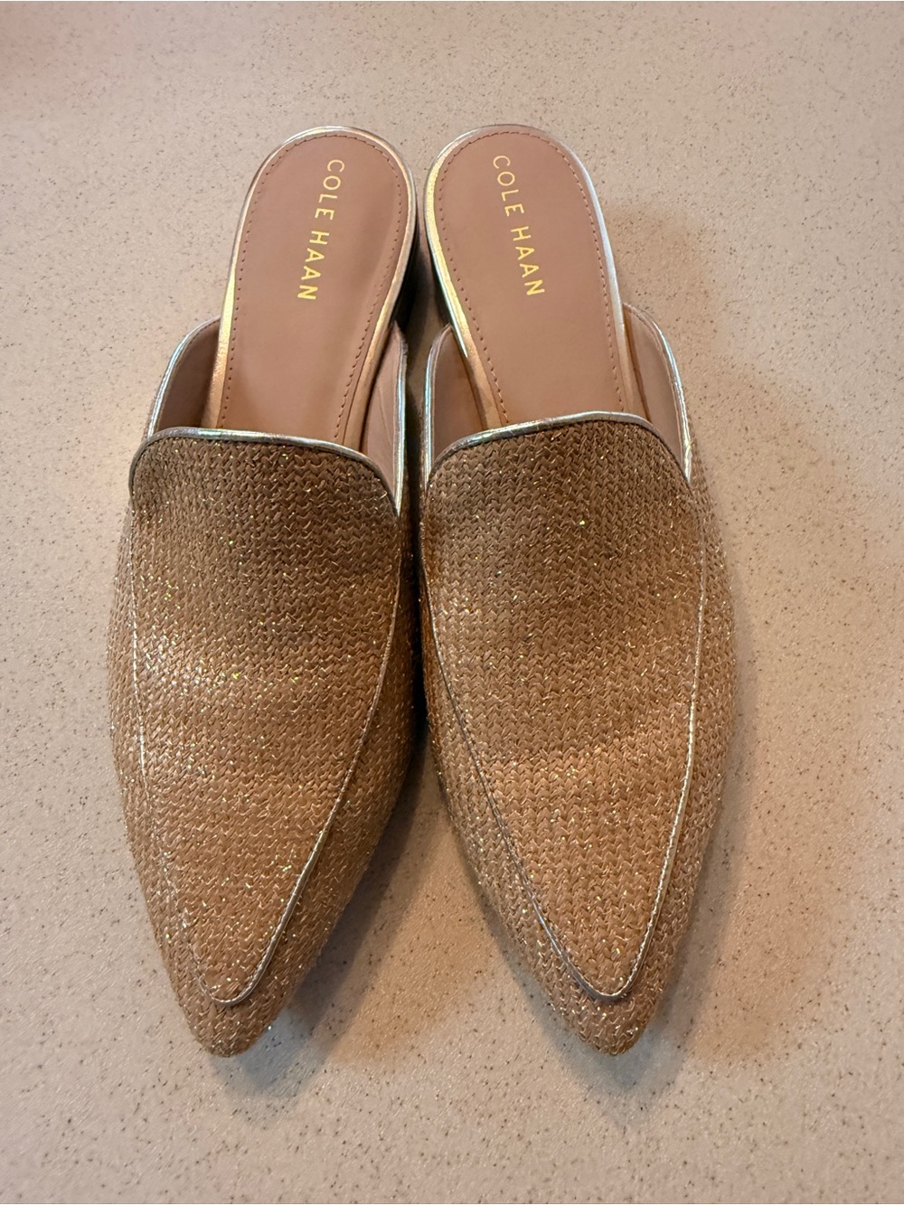 Cole Haan Tan Woven Pointed Mules with Gold Trim